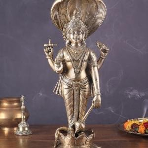 Brass Lord Vishnu Standing with Sheshanaag | 17.5" x 7" x 5" (44.45 x 18 x 12.5 cm) | 7 kg Sacred Art | Divine Lotus Sacred Murti